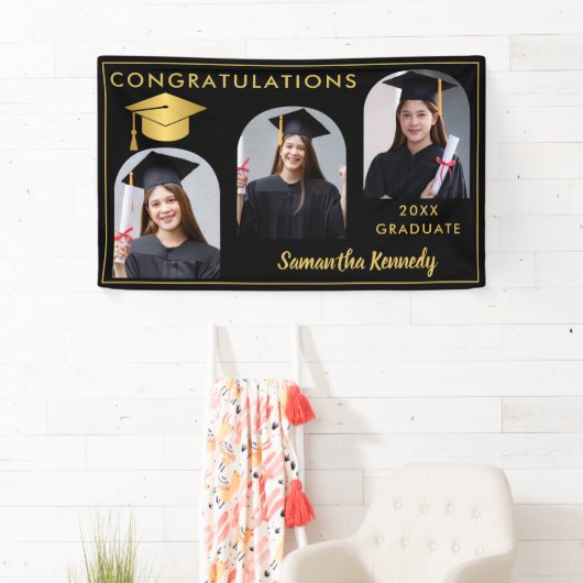 Zwart en Goud Gefeliciteerd 3 Foto Afstuderen Spandoek (Insitu)