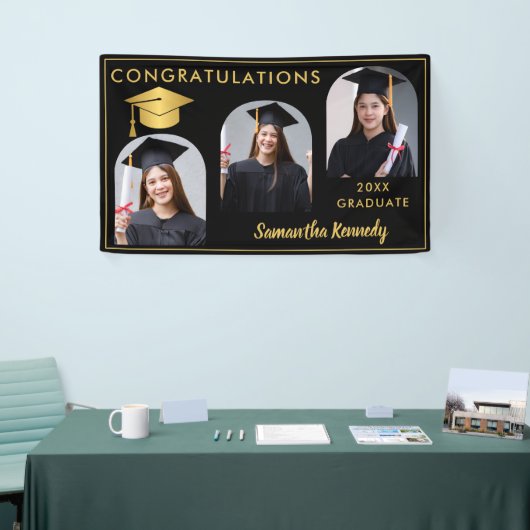 Zwart en Goud Gefeliciteerd 3 Foto Afstuderen Spandoek (Beurs)