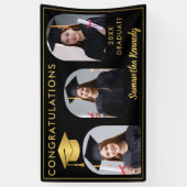 Zwart en Goud Gefeliciteerd 3 Foto Afstuderen Spandoek (Verticaal)