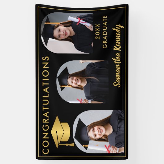 Zwart en Goud Gefeliciteerd 3 Foto Afstuderen Spandoek (Verticaal)