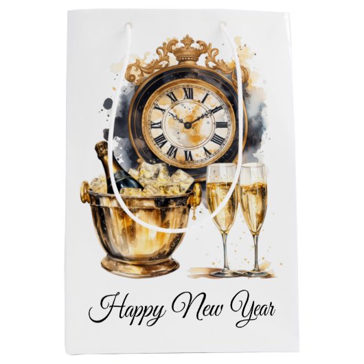 Zwart en goud gelukkig nieuwjaar medium cadeauzakje (Voorkant)