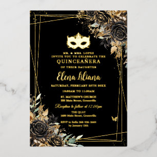 Zwart en goud gemaskerd bal masker Quinceañera Folie Uitnodiging