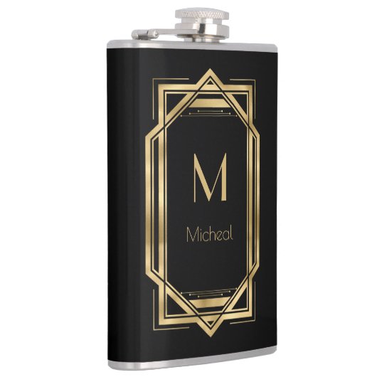 Zwart en goud geometrisch | Monogram & naam  Heupfles (Rechts)