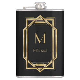 Zwart en goud Geometrisch   Monogram & Naam  Heupfles