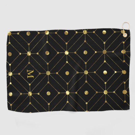 Zwart en Goud Geometrisch Patroon Monogram Golfhanddoek (Horizontaal)