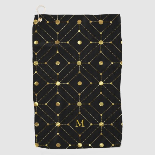 Zwart en Goud Geometrisch Patroon Monogram Golfhanddoek (Voorkant)
