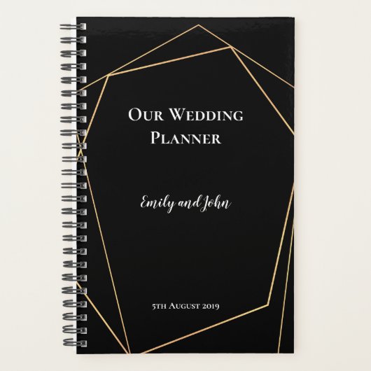 Zwart en Goud Geometrische Lijnen Bruiloft Planner (Voorkant)