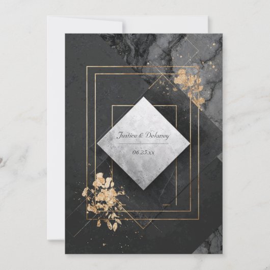 Zwart en goud geometrische marmeren bruiloft kaart (Voorkant)