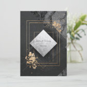 Zwart en goud geometrische marmeren bruiloft kaart (Staand voorkant)
