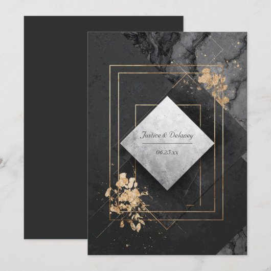 Zwart en goud geometrische marmeren bruiloft kaart (Voorkant / Achterkant)