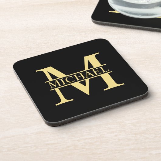 Zwart en goud - Gepersonaliseerd Monogram en naam Bier Onderzetter (Linkerzijde)