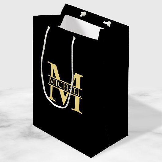 Zwart en goud - Gepersonaliseerd Monogram en naam Medium Cadeauzakje