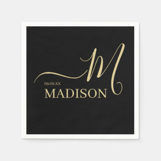 Zwart en goud - Gepersonaliseerd Monogram en naam Servet