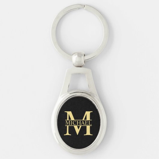 Zwart en goud - Gepersonaliseerd Monogram en naam Sleutelhanger (Voorkant)