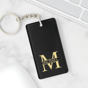 Zwart en goud - Gepersonaliseerd Monogram en naam Sleutelhanger