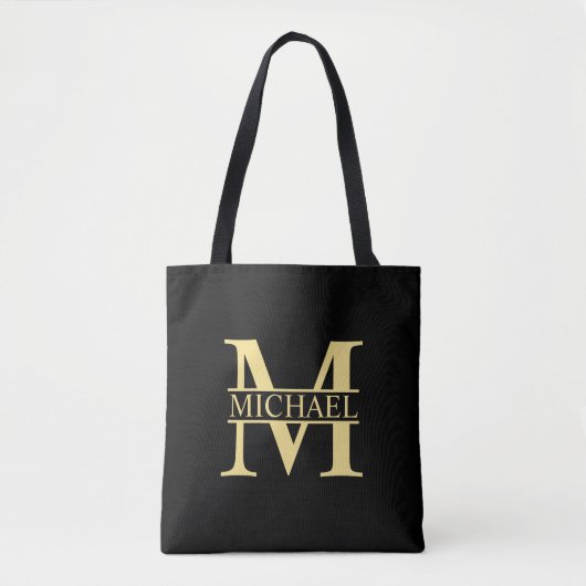 Zwart en goud - Gepersonaliseerd Monogram en naam Tote Bag (Voorkant)