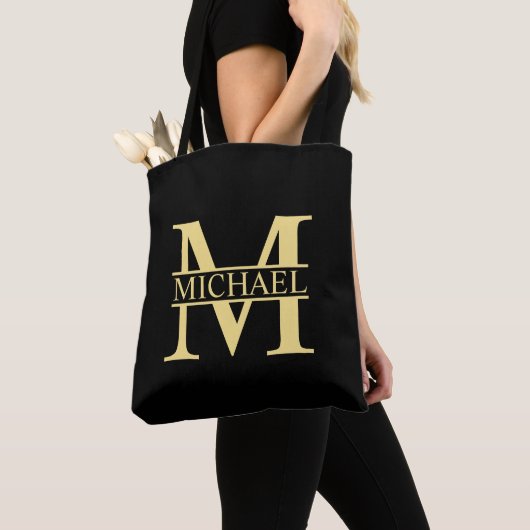 Zwart en goud - Gepersonaliseerd Monogram en naam Tote Bag (Dichtbij)