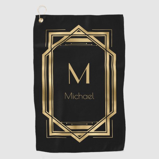 Zwart en Goud Gepersonaliseerd Monogram | Geometri Golfhanddoek (Voorkant)