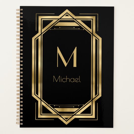Zwart en Goud Gepersonaliseerd Monogram | Geometri Planner (Voorkant)