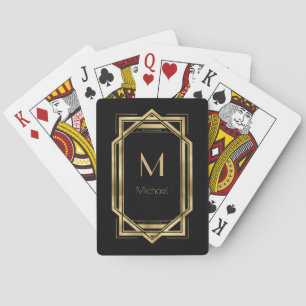 Zwart en Goud Gepersonaliseerd Monogram Geometri Pokerkaarten