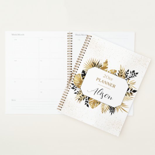 Zwart en Goud Gepersonaliseerde Bloemen Glitter Planner (Display)