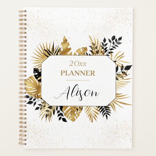 Zwart en Goud Gepersonaliseerde Bloemen Glitter Planner (Voorkant)