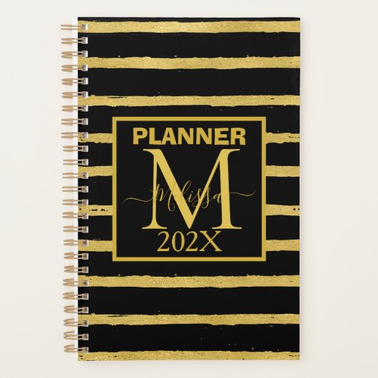Zwart en Goud Gestreept Monogram Planner (Voorkant)