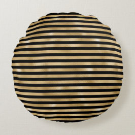 Zwart en goud gestreepte chic modern rond kussen