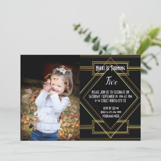 zwart en goud geweldige Gatsby foto Verjaardagsfee Kaart (Staand voorkant)