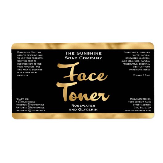 Zwart en Goud Gezicht Toner Fles Label (Voorkant)