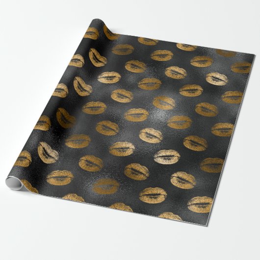 Zwart en Goud Glam Lips Patroon Cadeaupapier (Uitgerold)