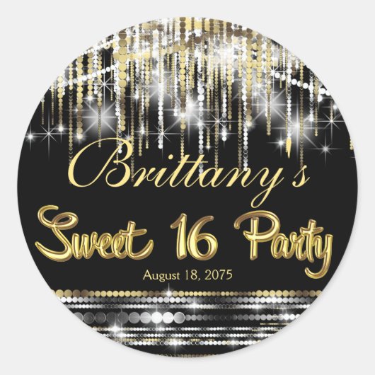 Zwart en Goud Glam Sweet 16 Ronde Sticker (Voorkant)
