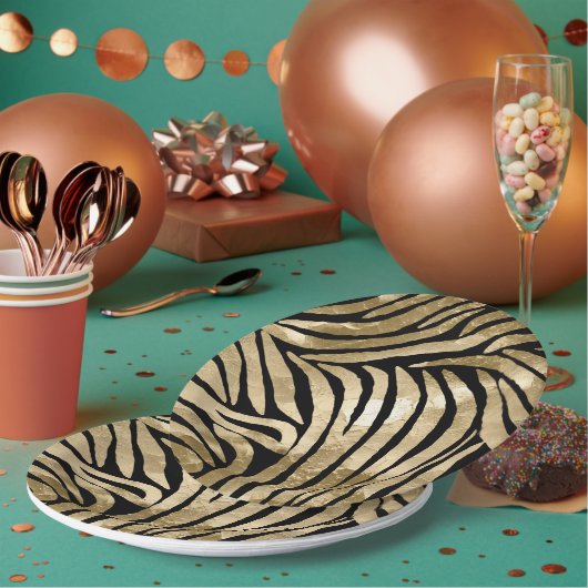 Zwart en Goud Glam Zebra Papieren Bordje (Multi)