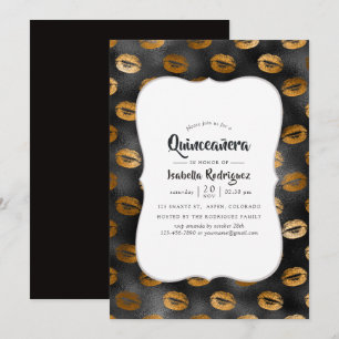 Zwart en goud glamor lippenpatroon Quinceañera Kaart