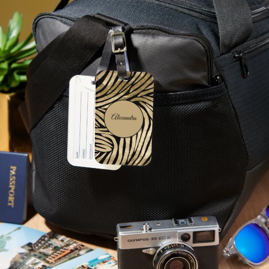 Zwart en goud glanzende zebraprint bagagelabel (Voorkant & Achterkant)