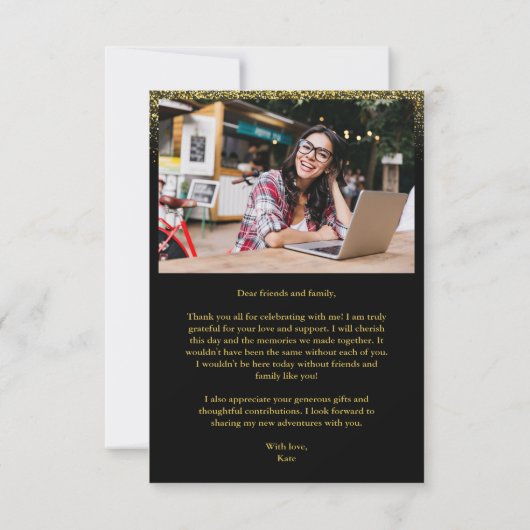 Zwart en goud glinsterend foto afstudeercadeau bedankkaart (Achterkant)