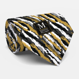 Zwart en goud glinsterend wit dier zebra patroon stropdas