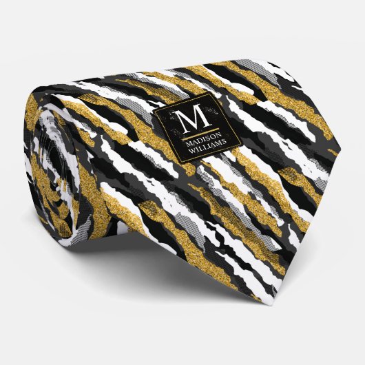 Zwart en goud glinsterend wit dier zebra patroon stropdas (Opgerold)