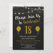 Zwart en goud Glitter 18e verjaardag Uitnodiging (Voorkant)