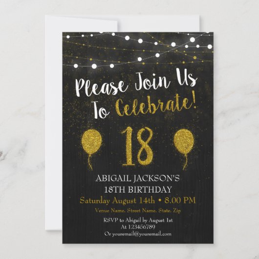 Zwart en goud Glitter 18e verjaardag Uitnodiging (Voorkant)