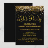 Zwart en Goud Glitter 30e Verjaardag Let's Party Kaart (Voorkant / Achterkant)