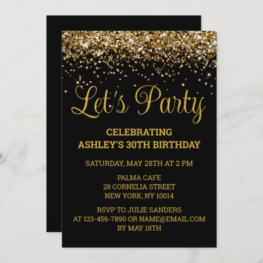 Zwart en Goud Glitter 30e Verjaardag Let's Party Kaart (Voorkant / Achterkant)
