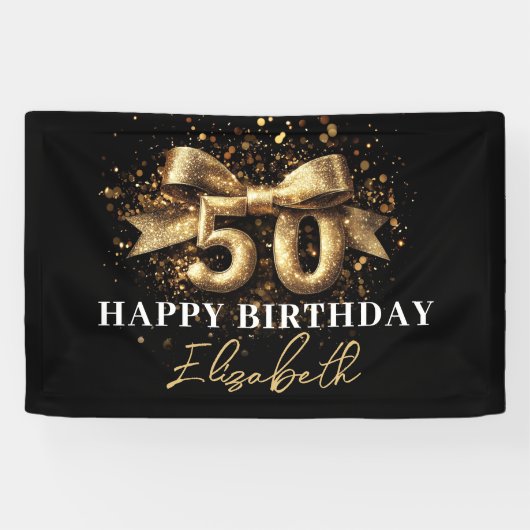 Zwart en Goud Glitter 50 Happy Birthday Party Spandoek (Horizontaal)