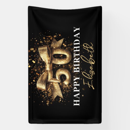 Zwart en Goud Glitter 50 Happy Birthday Party Spandoek (Verticaal)