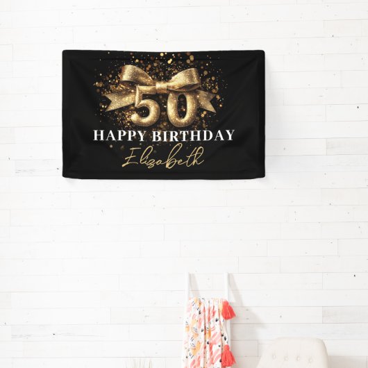 Zwart en Goud Glitter 50 Happy Birthday Party Spandoek (Insitu)