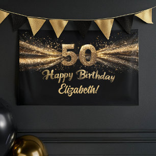 Zwart en Goud Glitter 50 Happy Birthday Party Spandoek