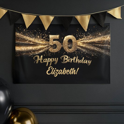 Zwart en Goud Glitter 50 Happy Birthday Party Spandoek