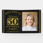 Zwart en Goud Glitter 50e Verjaardagsfeestfoto Spandoek (Horizontaal)