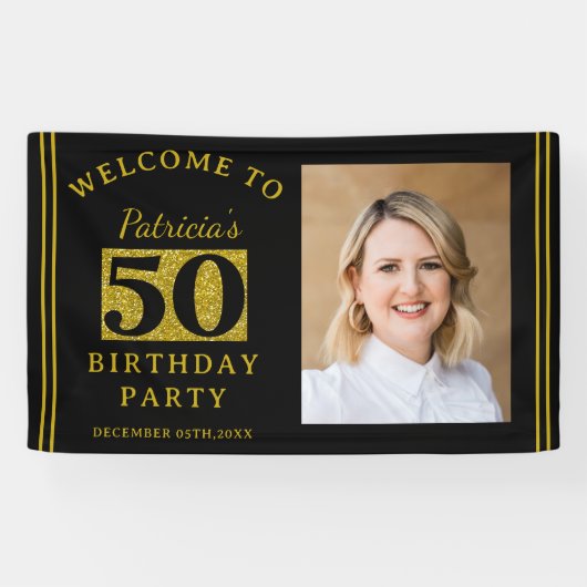 Zwart en Goud Glitter 50e Verjaardagsfeestfoto Spandoek (Horizontaal)