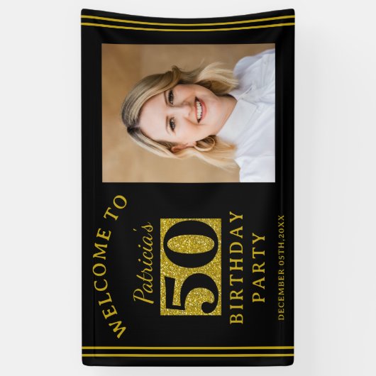 Zwart en Goud Glitter 50e Verjaardagsfeestfoto Spandoek (Verticaal)